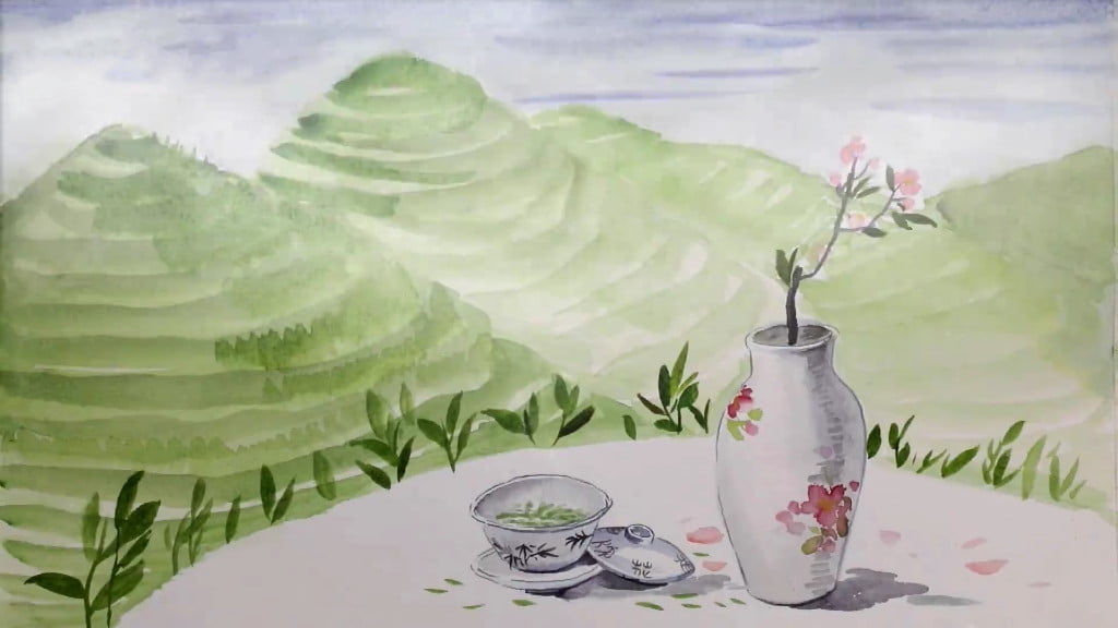 Хлебный Дождь. Чашка зеленого чая на столе, чайные плантации.