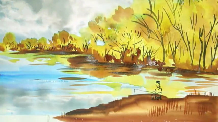 Холодная Роса. Осенний пейзаж, желтая листва, рыбак на берегу.